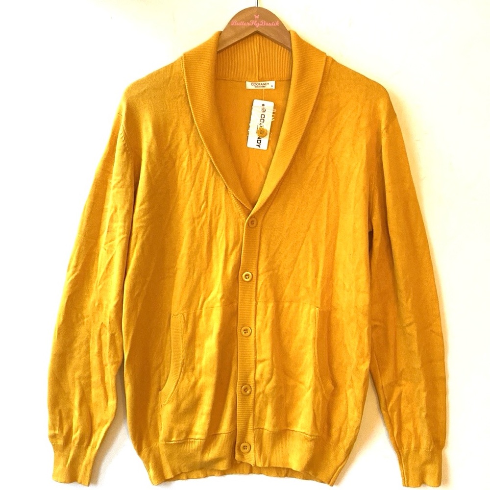 (A11) Coofandy Mustard Yellow Cardigan Shawl Collar LongSleeves, Size Small, NWT